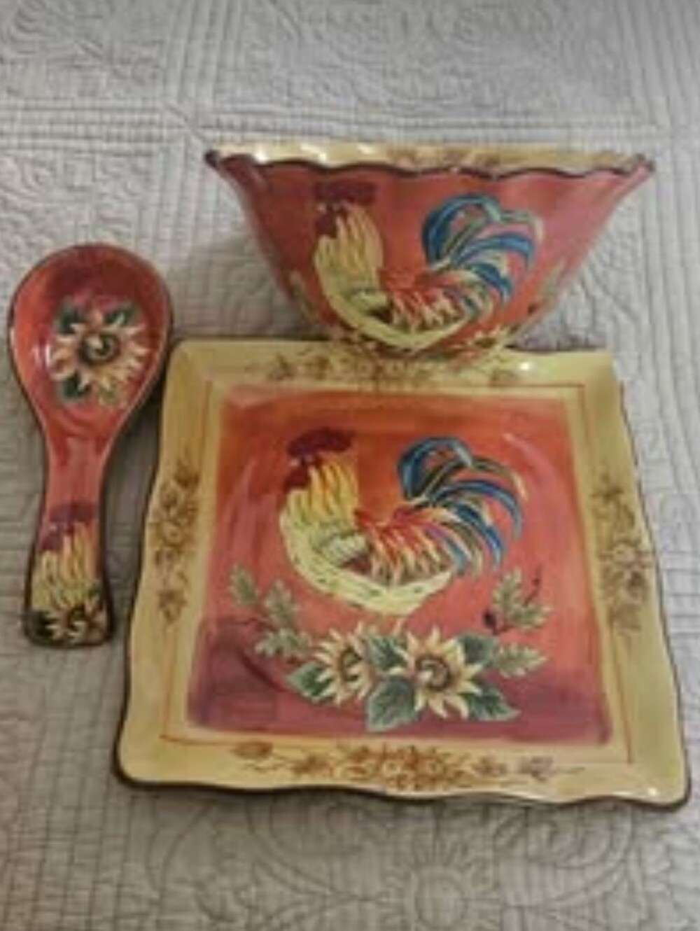 Hand-Painted Rooster Ceramic Serving Set